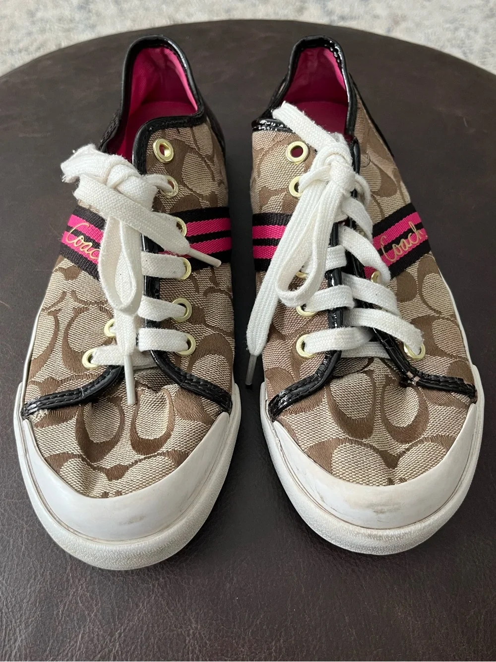 Coach Signature Low-Top Sneakers in Brown, White & Pink